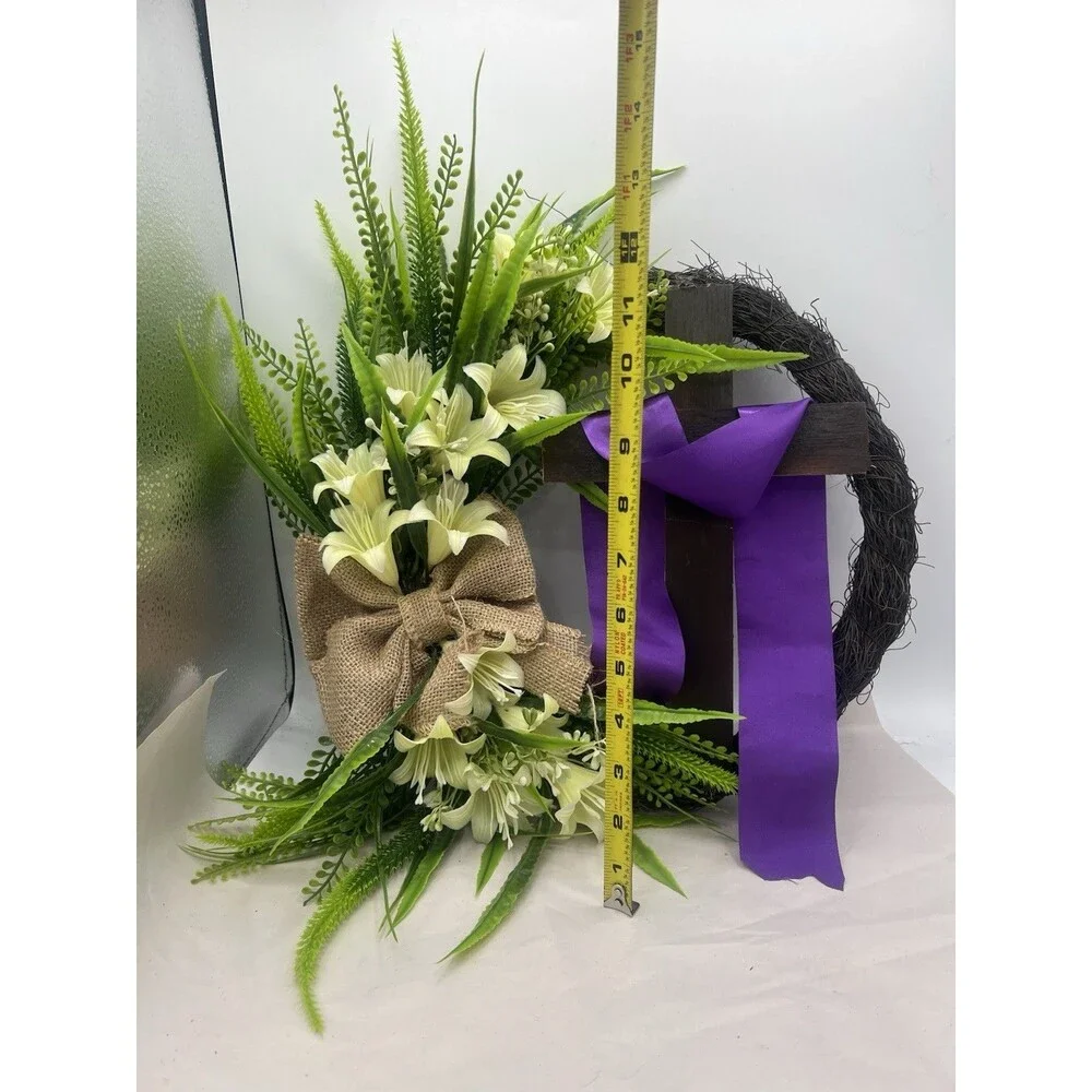 Easter Wreath Door Hanging Decoration with Cross,Bouquet Garland 12”